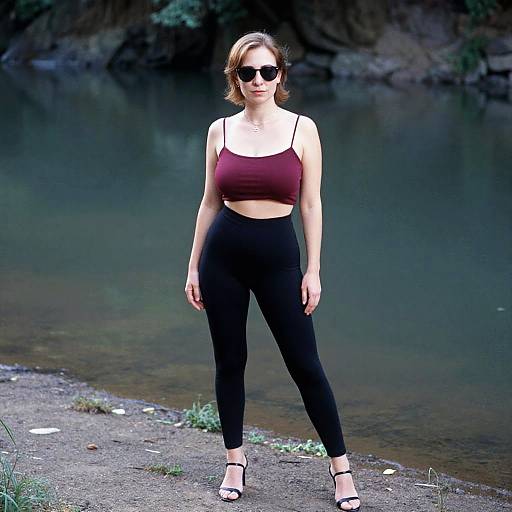 Photograph of a young woman with short brown hair, wearing black sunglasses, a maroon crop top, black high-waisted leggings, and black
