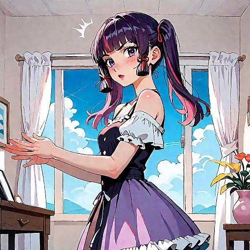 Anime-style digital drawing of a cute, dark-haired girl in a black and white dress, standing in a sunlit room with a blue sky and white