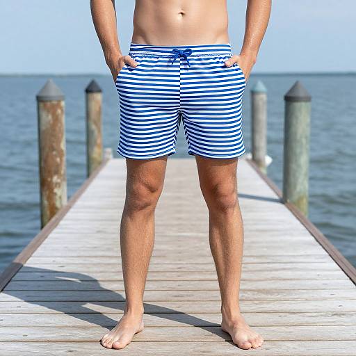 Photograph of a man's lower torso, wearing blue and white striped shorts, standing barefoot on a wooden pier over calm water.