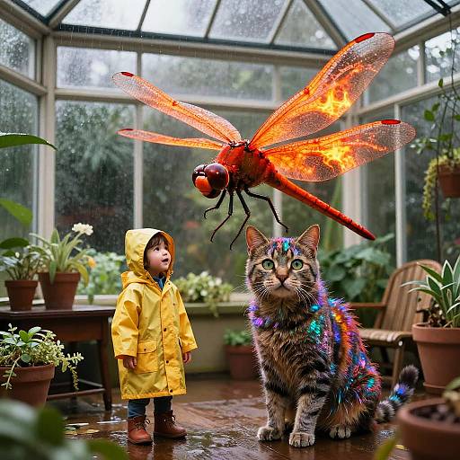 Photograph of a child in a yellow raincoat, a colorful cat, and a giant orange dragonfly in a glass greenhouse with potted plants.