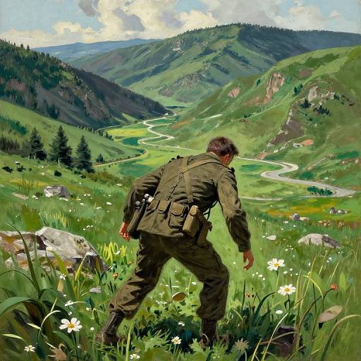 Battle-Worn Soldier in Lush Valley