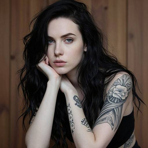 Photograph of a pale-skinned, blue-eyed woman with long black hair, resting her chin on her hands, showcasing intricate arm tattoos, against a