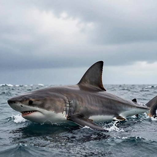 Photograph of a large, grey and white shark with a fishing net on its body, swimming through choppy ocean waters under a cloudy sky.