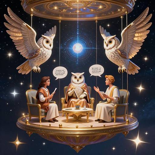Digital illustration of two people conversing with an owl on a glowing, starry circular platform, surrounded by two floating owls. Speech bubbles read,