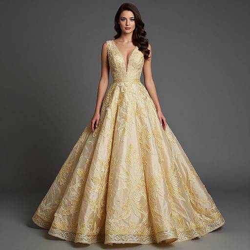 Photograph of a dark-haired woman in a floor-length, golden, intricately-embroidered, deep V-neck ball gown with a full skirt