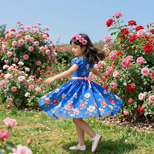 Girl Twirling in Vibrant Rose Garden