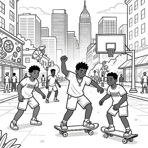Black-and-white digital drawing of four Black children skateboarding in a bustling urban street, with tall buildings and pedestrians in the background.