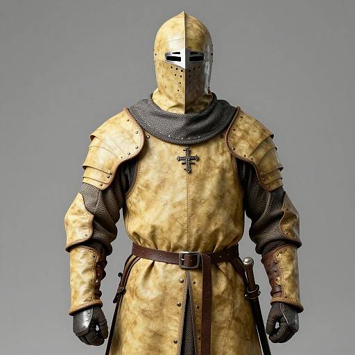 Photograph of a medieval knight in golden, camo-patterned armor with a full-face helmet, dark mesh lining, brown belt, and black gloves