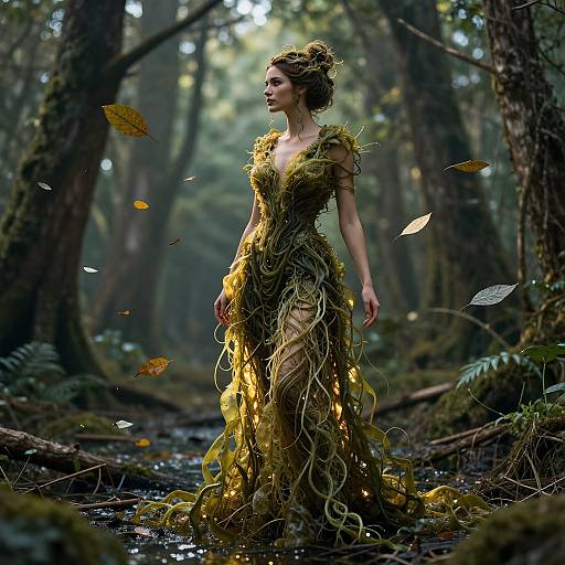 Photograph of a woman in a forest, wearing a yellow, leaf-like, ethereal dress, surrounded by floating leaves, standing in shallow water.