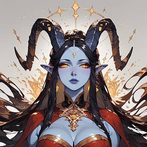 Digital artwork of a blue-skinned, horned demon woman with glowing orange eyes, long black hair, red armor, and golden jewelry, surrounded by