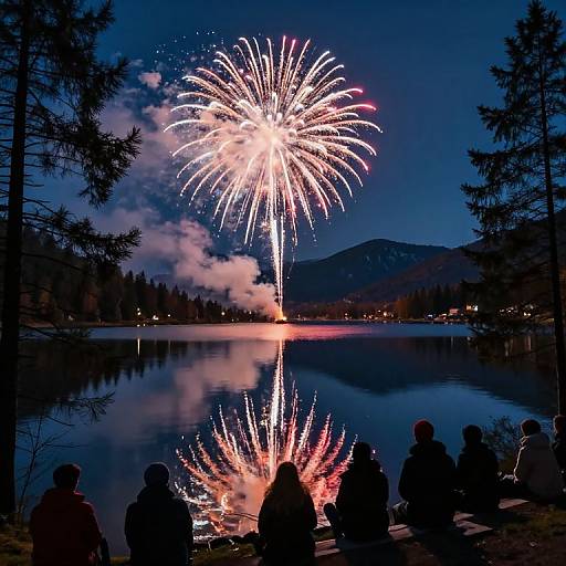 Photograph of vibrant fireworks reflecting on a calm lake at night, silhouetted by trees, with people seated in the foreground.