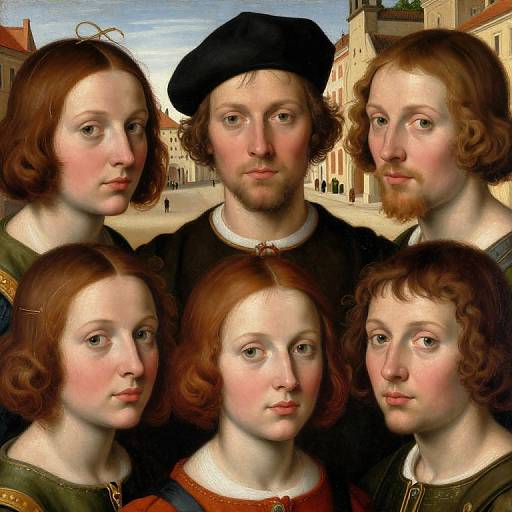 Renaissance-style painting of six fair-skinned, red-haired individuals with serious expressions, wearing black and green clothing, set against a European town background