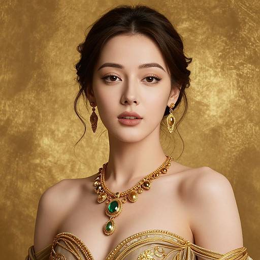 Photograph of a beautiful Asian woman with fair skin, dark hair in an updo, wearing gold jewelry, ornate off-shoulder beige gown