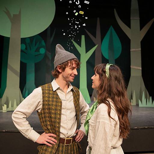 Photograph of a smiling couple on stage; man in brown vest, gray hat, white shirt; woman in white blouse, green headband, green
