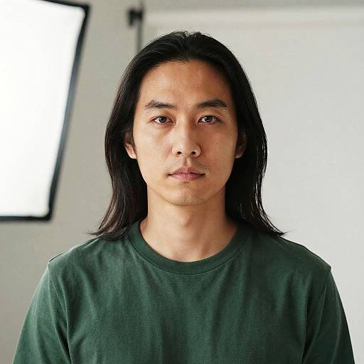 Photograph of an Asian man with long black hair, wearing a green shirt, standing against a bright, white background.