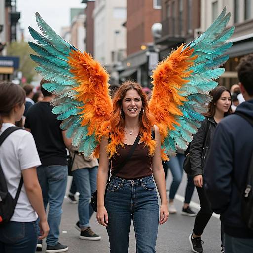 Photograph of a smiling woman with long red hair, wearing a black tank top and blue jeans, standing in a city street, adorned with large,