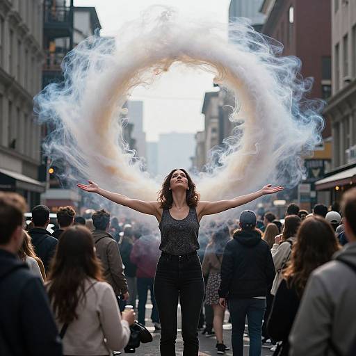 Photograph: Woman with curly hair and dark sleeveless top stands in city street, arms outstretched, creating a swirling cloud of smoke above her