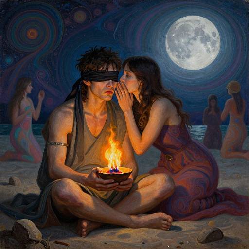 Digital painting: Blind man with black hair, bare-chested, holds candle, sits on sand; woman with long brown hair, red dress, touches