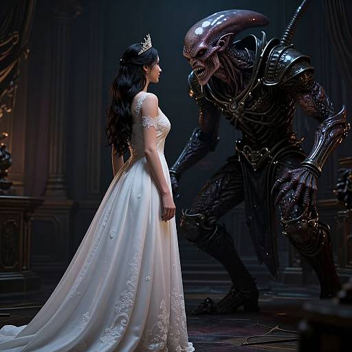 Photograph of a dark, futuristic scene with a black, alien creature confronting a bride in a white, lace wedding dress.