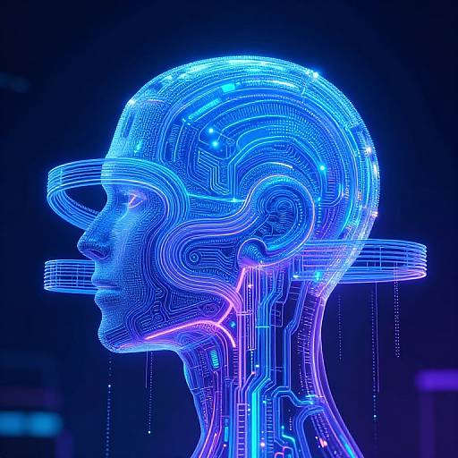 Neon blue digital rendering of a human head in profile, showcasing intricate circuitry patterns against a dark background, resembling futuristic technology.