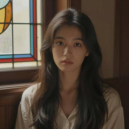 Young Woman by Vintage Stained Glass Window