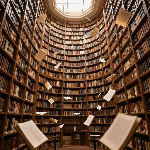 Photograph of a grand, circular library with towering wooden bookshelves, books of various colors, and numerous floating, fluttering papers. Sunlight