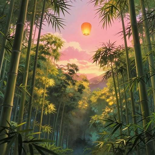 Digital painting of a bamboo forest at sunset with a glowing orange lantern in the sky, surrounded by tall green bamboo. Soft pink and yellow hues illuminate the