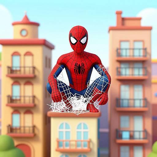 Digital artwork of Spider-Man in red and blue suit, crouching on building rooftop, with web shooter in hand, against blurred cityscape background of