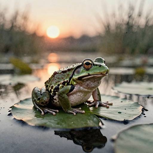 Photograph of a green frog with large eyes sitting on a lily pad in a reflective pond during a sunset, with orange sunlight and blurred trees in