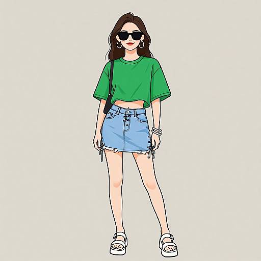 Digital drawing of a young woman with long brown hair, wearing a green t-shirt, blue denim skirt, white sneakers, and black sunglasses. White background