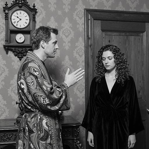 Man and Woman in Ornate Room in Black and White