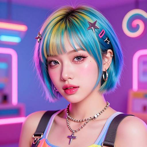 Digital art of a young Asian woman with vibrant blue-green-purple bob, star hairpins, neon-lit background, colorful makeup, star necklace, and