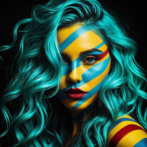 Glamorous Woman with Painted Stripes and Mint Green Hair