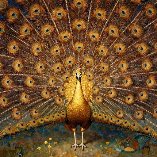 Vibrant digital illustration of a peacock with a dazzling golden body and expansive, intricate eye-patterned tail feathers, standing against a dark, floral