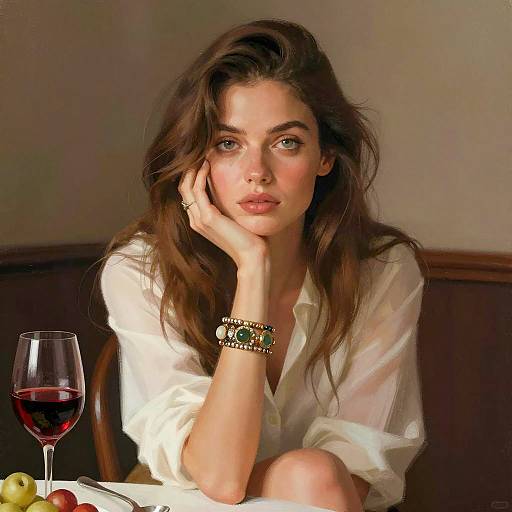 Woman with Bracelet and Red Wine at Table