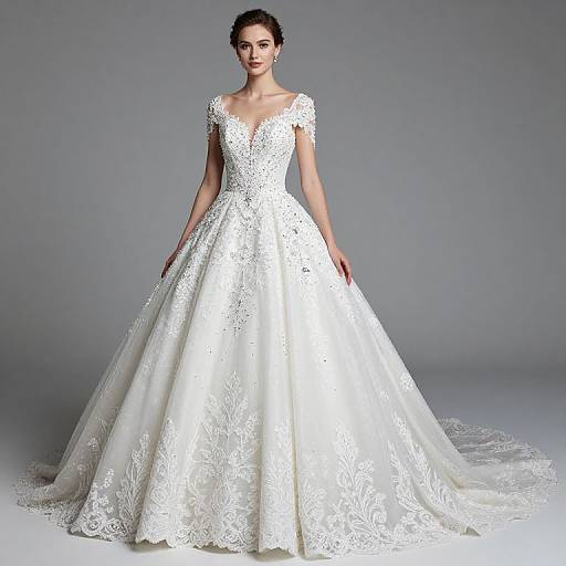 Photograph of a slender woman with dark hair in an elegant, white lace wedding gown with a deep V-neck and full skirt, standing against a gray