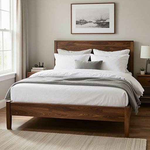 Photograph of a modern bedroom with a wooden bed, white linens, gray blanket, black accent pillow, framed black-and-white artwork, and two