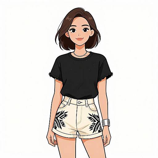 Digital anime-style drawing of a smiling young woman with short brown hair, wearing a black t-shirt and white shorts with black floral patterns, standing against a