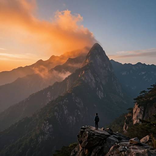Photograph of a lone hiker on a rocky cliff at sunrise, overlooking mist-covered mountain peaks with orange and blue sky.