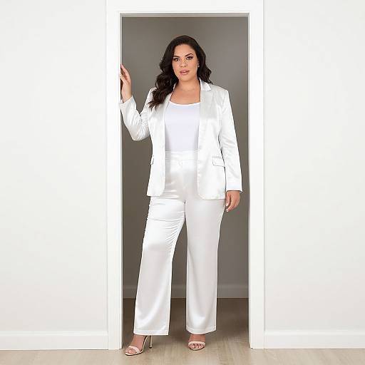 Photograph of a confident woman with long black hair, wearing a white blazer, blouse, and pants, standing in a doorway.