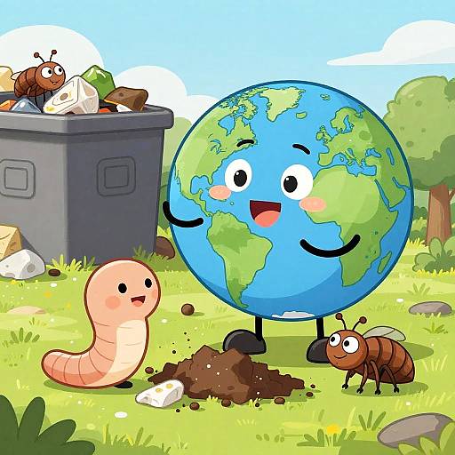 Cartoon Earth with happy face stands in grassy field, surrounded by three cheerful insects and a pink worm near a trash bin. Bright, colorful,