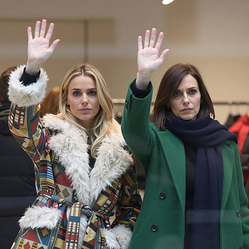 Women Waving Behind Store Window