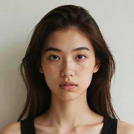 Photograph of a young Asian woman with long, dark hair, freckled face, and neutral expression, wearing a black tank top, against a