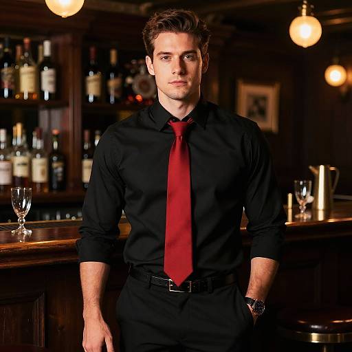 Man in Black Shirt and Red Tie at Bar