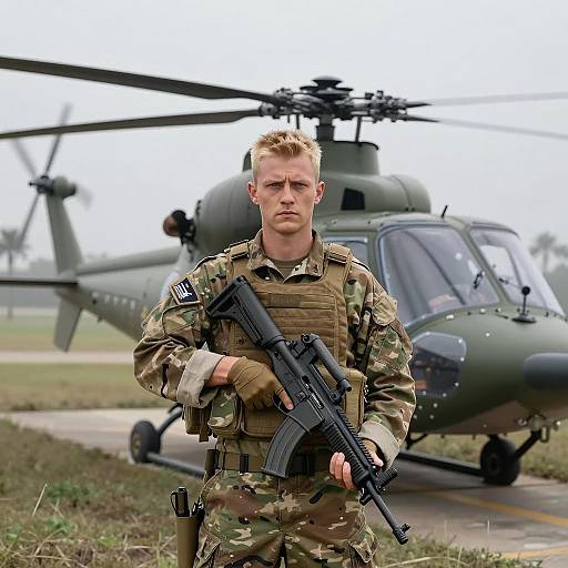 Male Soldier with Rifle Standing in Front of Military Helicopter