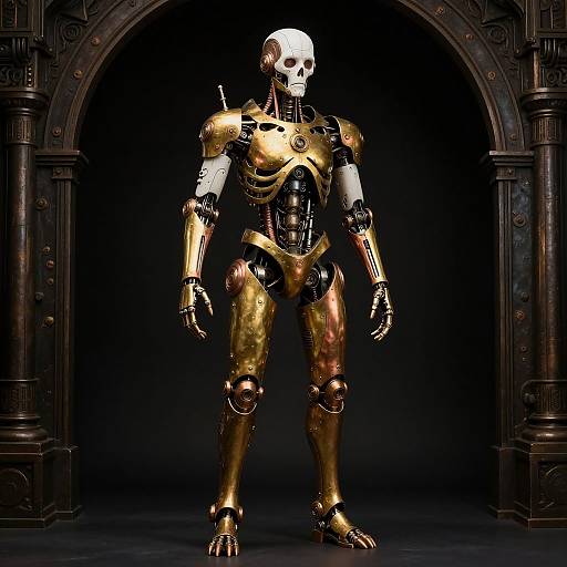 Photorealistic CGI of a humanoid robot with a white skull head, gold and black metallic limbs, standing in a dark, ornate archway.