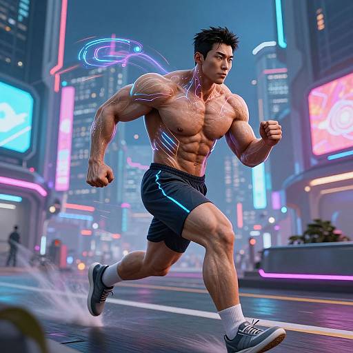CGI image of a muscular, Asian man running in a neon-lit, futuristic city at night, wearing black shorts and sneakers. Blue and pink