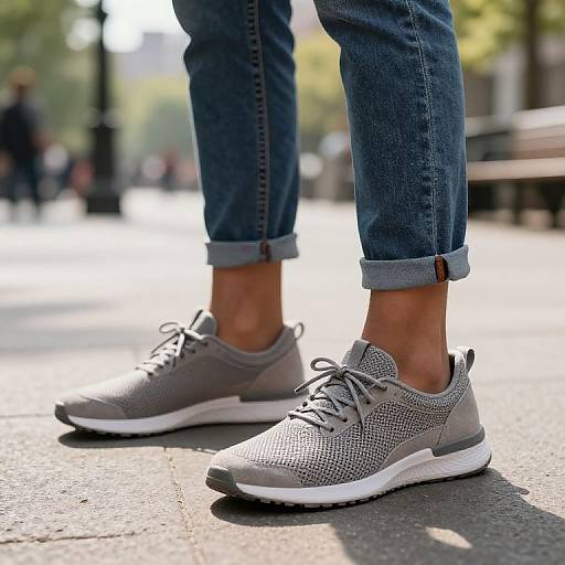 Photograph of a person wearing gray mesh sneakers with white soles, cuffed blue jeans, standing on a sunlit urban sidewalk.