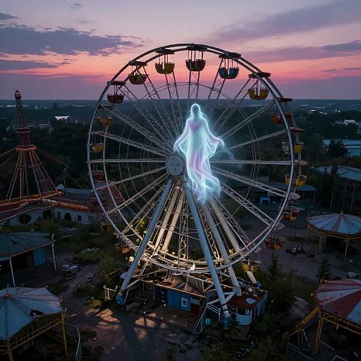 Aerial photograph of a glowing white silhouette figure on a brightly lit Ferris wheel at sunset, with a smaller carnival ride in the background. Pink and