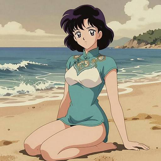 Elegant Anime-Inspired Beach Scene Illustration